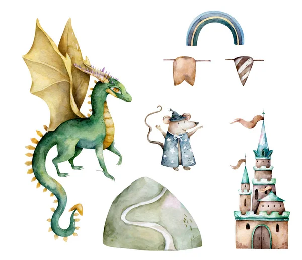 A cute dragon in front of a fairy tale castle on a hill. Hand drawn watercolor isolated set cartoon illustration