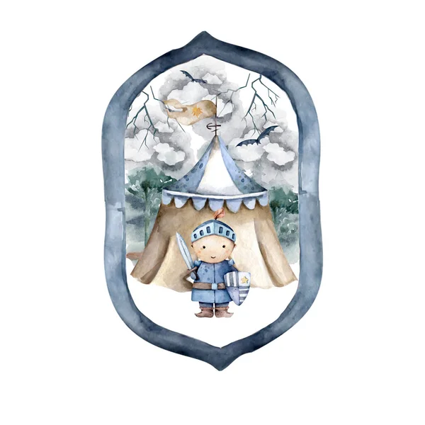 The brave cute little knight and the tent on the back with circle frame. Hand drawn watercolor advanture kid cartoon set for kid greeting card — Stock Photo, Image