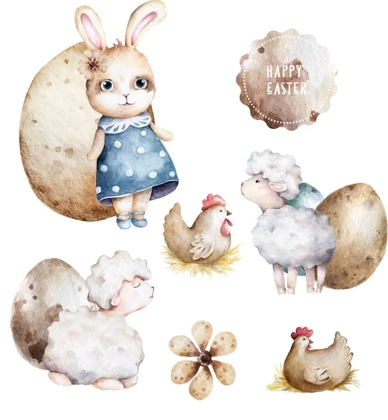 Handgezeichnetes Aquarell Glückliche Ostern Set Mit Hasen Design Kaninchen Bohemian — Stockfoto