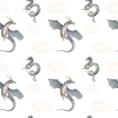 Peri şatosu, ejderhası, renkli gökkuşağı, prensesi ve diğer peri unsurları olan kızlar için sihirli, şirin, kusursuz bir desen.