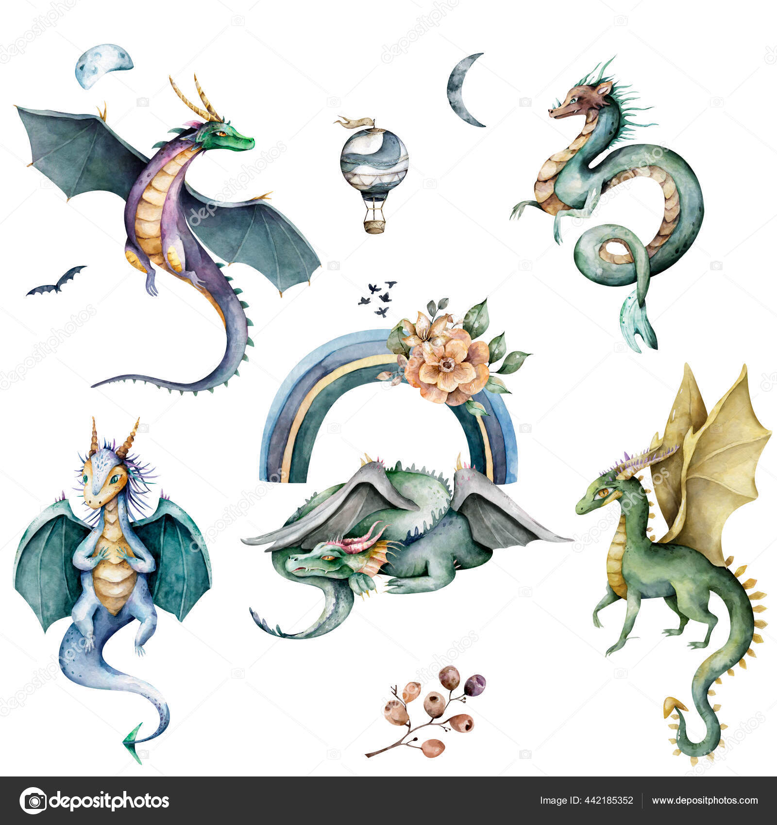 Set Mythology Dragons Hand Drawn Watercolor Cute Cartoon Isolated  Illustration Stock Photo by ©arthouze 442185352