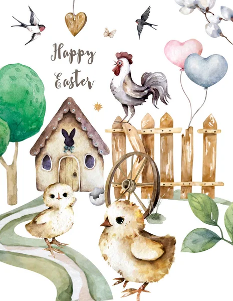Feliz Pascua Conejito Cogido Mano Polluelos Lindo Dibujo Animado Divertido —  Fotos de Stock