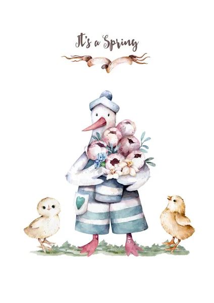 White Goose Cartoon Indossa Cappello Con Cesto Uovo Pasqua — Foto Stock