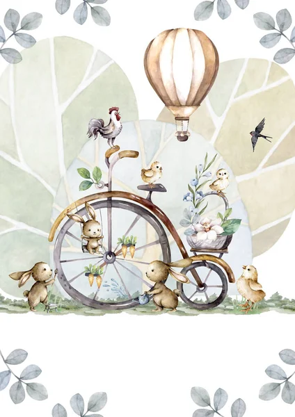 Felices Animales Pascua Bicicleta Vintage Con Cesta Llena Flores Pintura —  Fotos de Stock