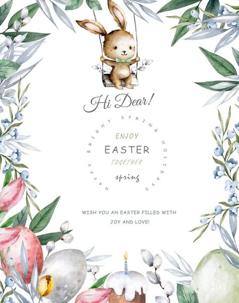 Boldog Húsvéti Lapot Húsvéti Nyuszival Levelek Mögött Kézzel Rajzolt Betűk — Stock Fotó