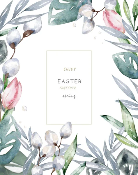 Boldog Húsvéti Kártyákat Gyógynövény Gallyak Ágak Koszorú Sarkok Határ Rusztikus — Stock Fotó