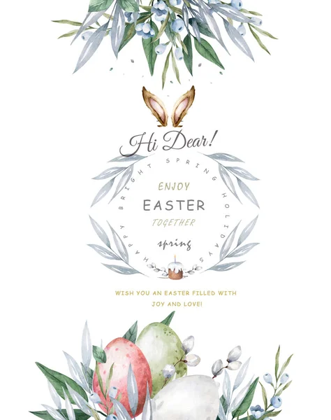Boldog Húsvéti Kártyákat Gyógynövény Gallyak Ágak Koszorú Sarkok Határ Rusztikus — Stock Fotó