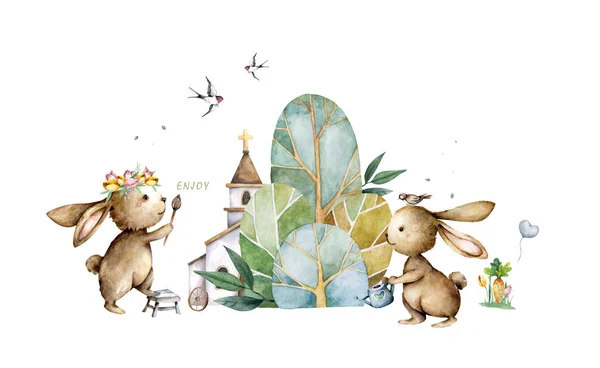 Concetto Pasquale Simboli Pasqua Disegnato Mano Acquerello Cartone Animato Illustrazione — Foto Stock
