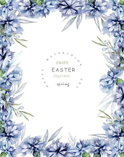 Fehér Háttér Kék Búzavirág Zöld Levelek Elemek Dekoratív Keretkártya Kézzel — Stock Fotó