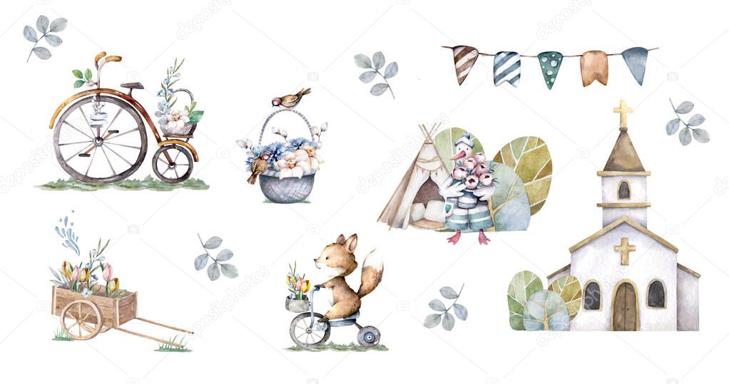 Cute cartoon farm animals. Hand drawn watercolor isolated set for greeting card, birthday and holiday design