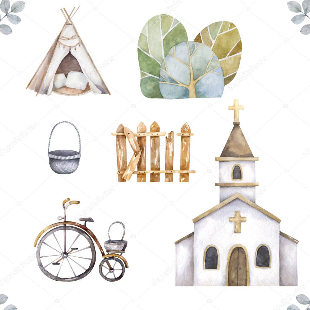 Church icon.  illustration for religion architecture design. Cartoon church building silhouette with cross, chapel, fence, trees, bell. Flat summer landscape. Catholic holy traditional symbol.