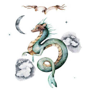 Altın ve yeşil sevimli ejderha. El çizimi suluboya karikatür izole edilmiş