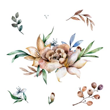 Moody boho şık düğün buketi. Sıcak sonbahar ve kış tonları. Turuncu kırmızı, taupe, fildişi, kahverengi, krema, altın, bej, sepia sonbahar renkleri.