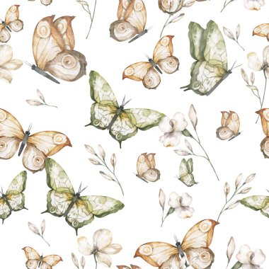 Kusursuz desenli suluboya uçan kelebekler, el çizimi resimler. Kelebek çizen el koleksiyonu. Beyaz arkaplan