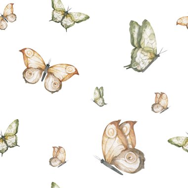 Kusursuz desenli suluboya uçan kelebekler, el çizimi resimler. Kelebek çizen el koleksiyonu. Beyaz arkaplan