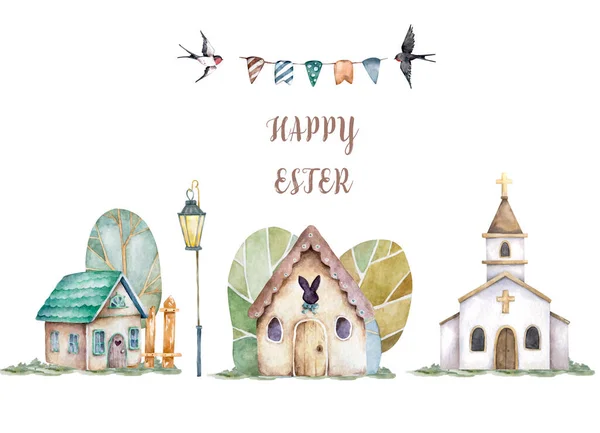 Pasqua landcity Chiesa, coniglietto casa disegnato a mano acquerello isolato illustrazione per Pasqua, matrimonio, biglietto di auguri — Foto Stock