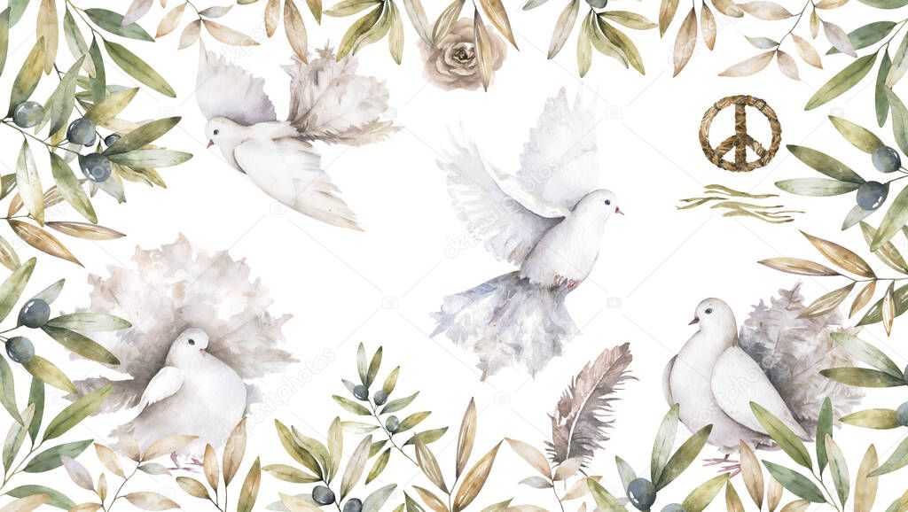 Pigeon clip art watercolor dove bird fly, olive leaves illustration similar on white background with olive floral banner