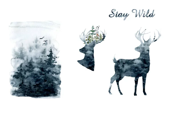 Akvarel ilustrace izolované jelena, velké parohy, květiny a ptáci na rohy, větve třešeň kvetoucí rostlina. Design Stay Wild Forest background — Stock fotografie