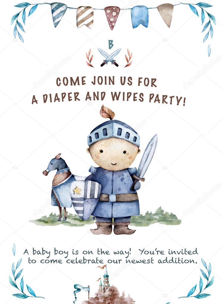 baby shower card Hand drawn watercolor cute brave boy