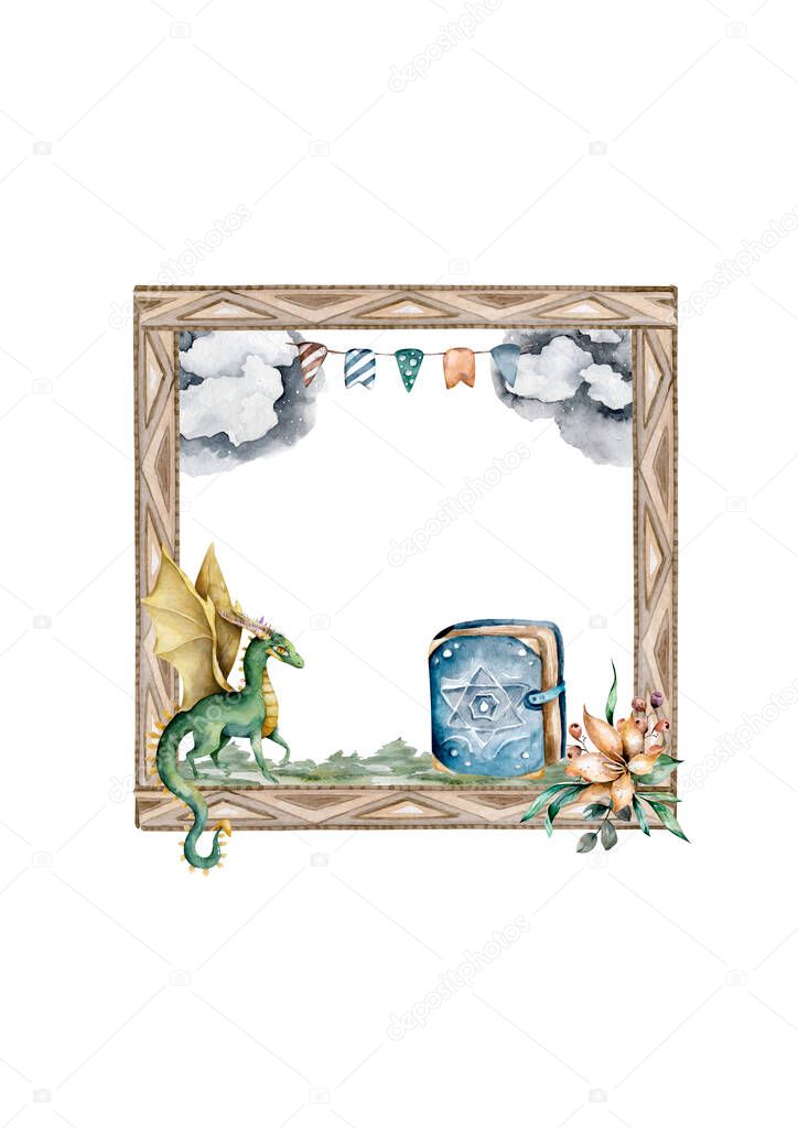 Frame of fairytal dragong. Greering, invite card. Fantasy square banner. Isolated. Hand drawn watercolor art