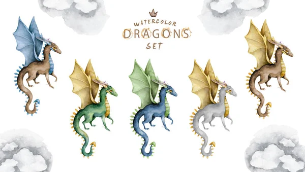 Flying dragon colorful set. Magic isolated cartoon hand drawn illustration on white background