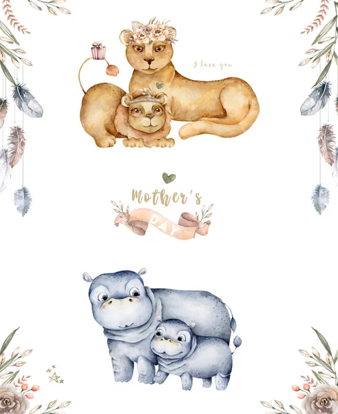 Acuarela Linda Ilustración Dibujos Animados Con Lindo Mamá Hipopótamo Bebé —  Fotos de Stock