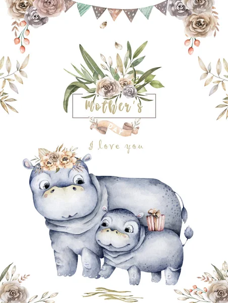 Watercolor Cute Cartoon Illustration Cute Mommy Hippo Baby Flower Leaves — Stock Photo, Image