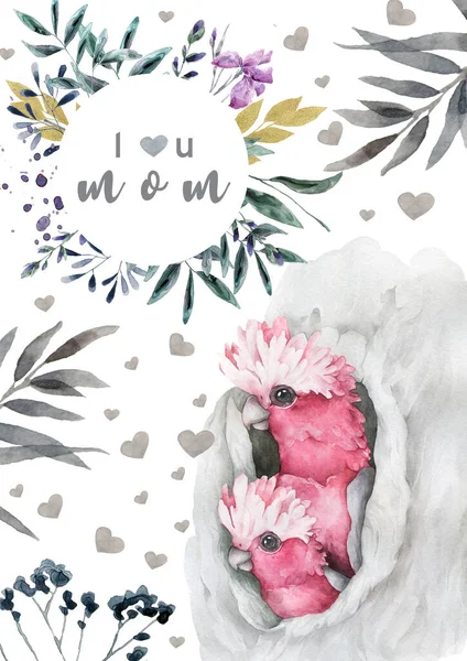 Projeto de cartão Feliz Dia das Mães com coração floral de flores de papagaio rosa formando uma moldura em torno do texto central, cartão de saudação — Fotografia de Stock