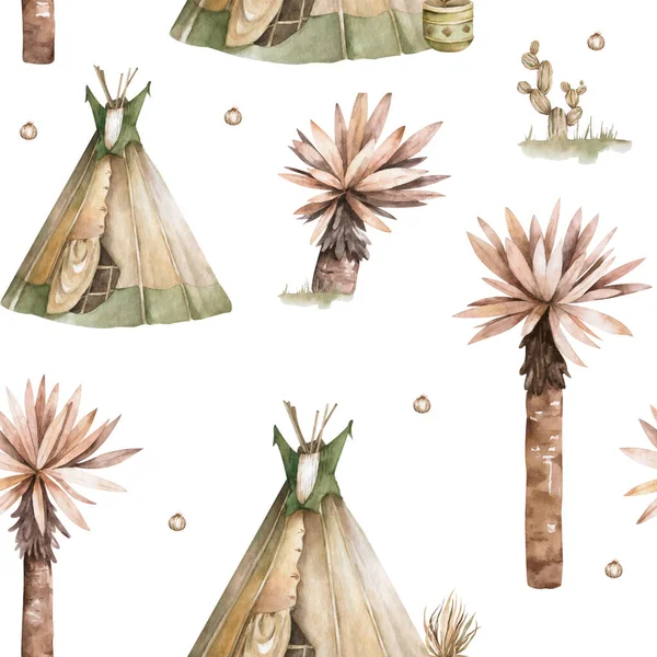 El yapımı suluboya kabile çadırı dikişsiz desen, Boho Amerika 'nın geleneksel yerli süs çadırları ve kaktüs desenleri. Hint bohem dekorasyonu. Oklu ve tüylü çadır çişi.. — Stok fotoğraf
