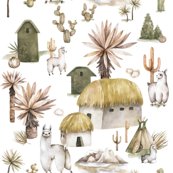 Bezešvé Vzory Lamou Alpaky Kaktusy Horami Dětský Potisk Pro Textil — Stock fotografie