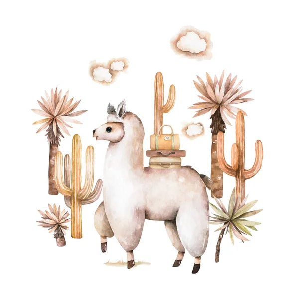 Cute hand drawn llama for baby girl nursery. Watercolor animal with cactus for baby shower card — Stock fotografie