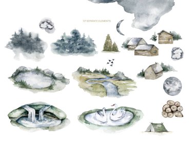 Dağ manzarası, tek sıra halinde çizilmiş. Devamlı bir çizgi. Seyahat. Minimalist grafikler. Dağlar ve ladin. Çizimler kümesi.