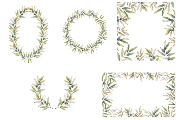 Babérkoszorú, tölgy, búza, levelek és olajbogyó. Kör keret, négyzet alakú banner, háttér — Stock Fotó