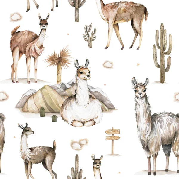 Patrón sin costuras con llama, alpaca, cactus, montaña. Impresión infantil para tela, estuche, textil, papel pintado. Ilustración de acuarela. Llama de dibujos animados de moda —  Fotos de Stock