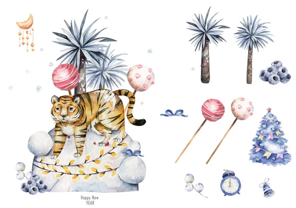 Tigre de acuarela. Símbolo del Nuevo año 2022. Acuarela Lindo animal de dibujos animados. Decoración de fiesta de Navidad. calendario chino, tarjeta de invitación. —  Fotos de Stock