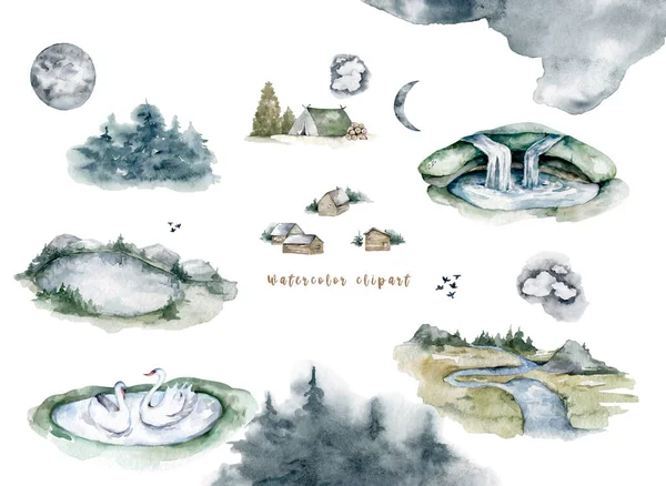 Tábor v lese. Venkovní rekreace u jezera. Akvarel ručně kreslené izolované krajiny, jezero, les, strom, malý domek. Travel set — Stock fotografie