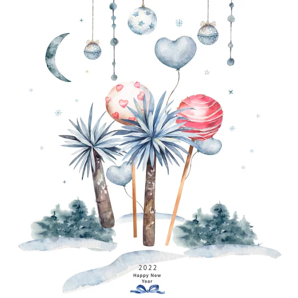 Große Reihe von blauen Neujahr-Set für Weihnachtsbaum, Fichte, Kugeln, Schneeflocken, Glocken, Rentiere, Schneemann, Geschenk, handgezeichnete Aquarell isoliert auf weiß — Stockfoto