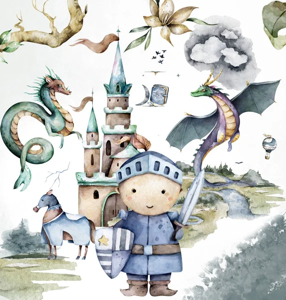 Der tapfere kleine Ritter und die Burg. Abenteuersammlung. Handgezeichnetes Aquarell-Cartoon-Set für Kinder-Grußkarte — Stockfoto
