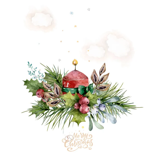 Acuarela Velas Navidad Con Invierno Floral Ilustración Aislada Dibujada Mano — Foto de Stock