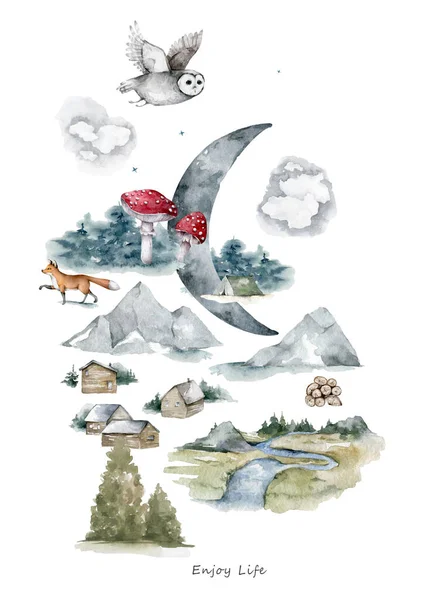 Tábor Lese Venkovní Rekreace Jezera Akvarel Ručně Kreslené Izolované Set — Stock fotografie