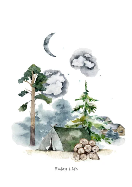 森の中のキャンプ 湖の近くの屋外レクリエーション 水彩手の孤立したセットの風景 小さな家を描いた — ストック写真