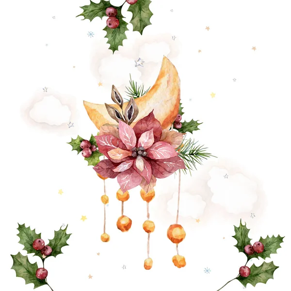 Aquarel Kerstkaarsen Met Winterbloemen Handgetekende Geïsoleerde Illustratie Vakantie Botanische Bladeren — Stockfoto