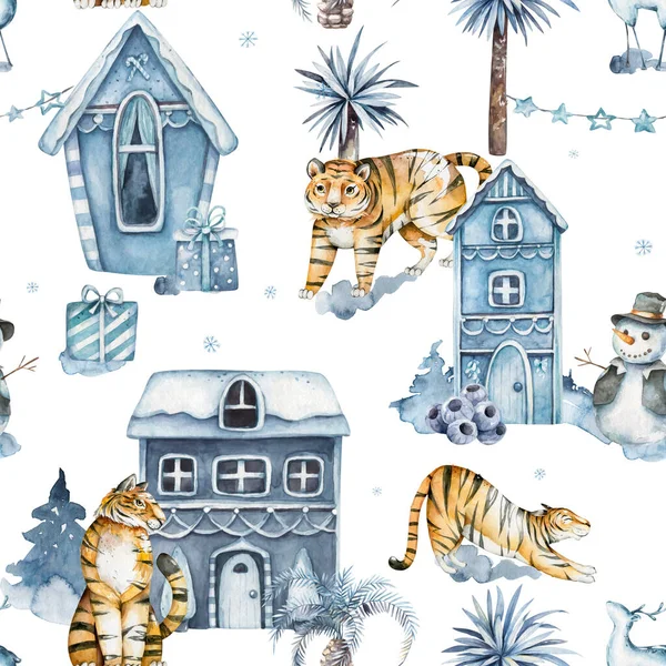 Seamless pattern with exotic animals.Cute tigers. Nature jungle pattern. Childish style.Symbol of 2022. Hand drawn watercolor illustration — Stock Photo, Image