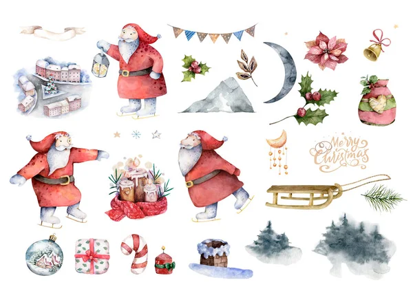 Santa Claus naik rusa, giring, berjalan dengan tas, memberikan kotak hadiah, jatuh dari cerobong asap, memegang set karakter pohon Natal. Warna air diisolasi set — Stok Foto