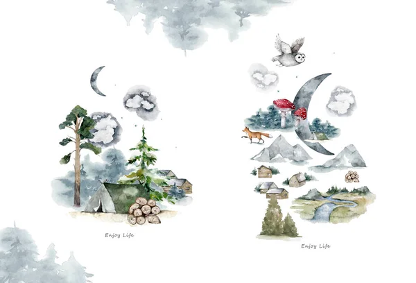 Tábor Lese Venkovní Rekreace Jezera Akvarel Ručně Kreslené Izolované Set — Stock fotografie
