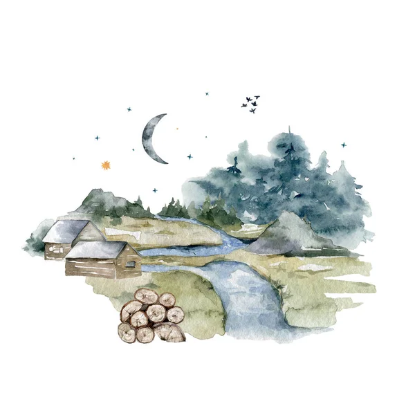 Camp in the forest. Outdoor recreation near the lake. Watercolor hand drawn isolated set landscape, lake, forest, tree, tiny house