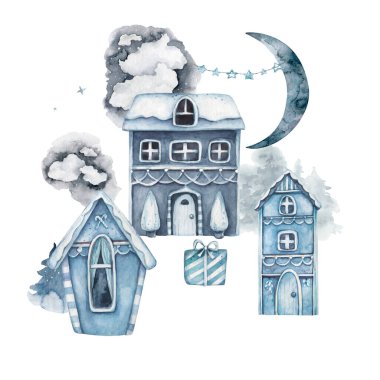 Kasabada küçük şirin mavi evler ya da köy resimleme seti. Çizgi filmlerde çeşitli evler ön cephe koleksiyonu, renkli şirin bir bina kulübesi çatısı, penceresi ve bacası olan, beyaz üzerinde izole edilmiş ön manzara.