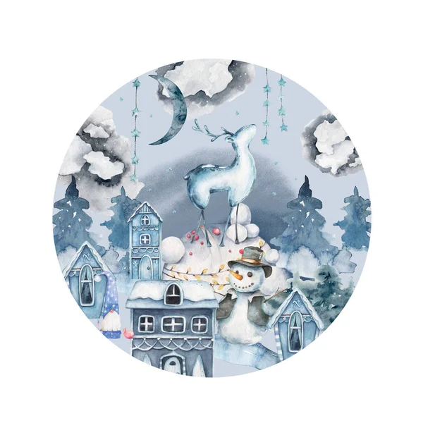 Natal com boneco de neve e flocos de neve. Ilustração isolada a aquarela desenhada à mão sobre fundo branco — Fotografia de Stock