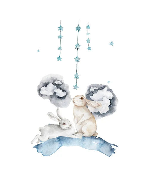 Akvarel Velikonoce zajíček geeting plevele oslava berthday karta zvíře roztomilé malování králík ilustrace paschal na bílém pozadí — Stock fotografie
