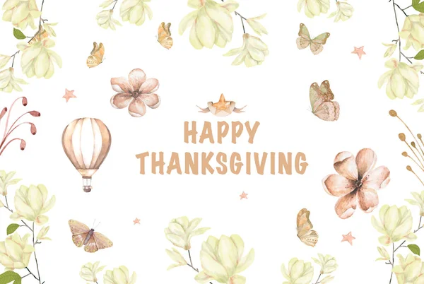 Happy Thanksgiving Day celebrations greeting card design with hanging maple leaves and flowers on grey background. — Stock Photo, Image